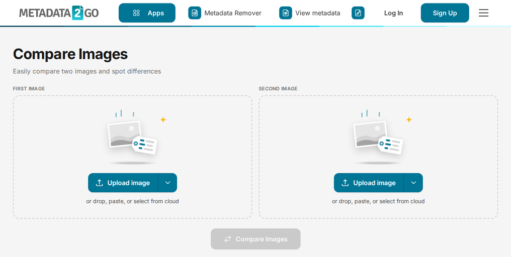 La página de Comparar imágenes en Metadata2Go, con un cuadro de subida para cada una de las dos imágenes