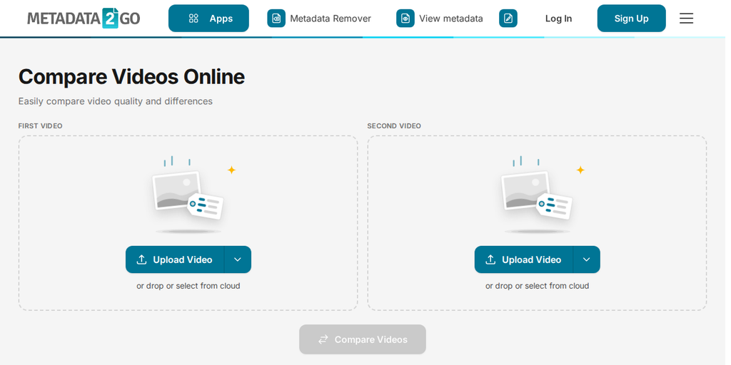 Halaman Bandingkan Video Online di Metadata2Go, dengan tombol "Upload Video" untuk masing-masing dari dua video