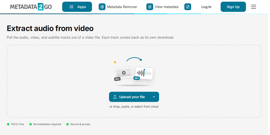 Страница Извлекать видеопотоки на Metadata2Go с кнопкой "Upload your file"