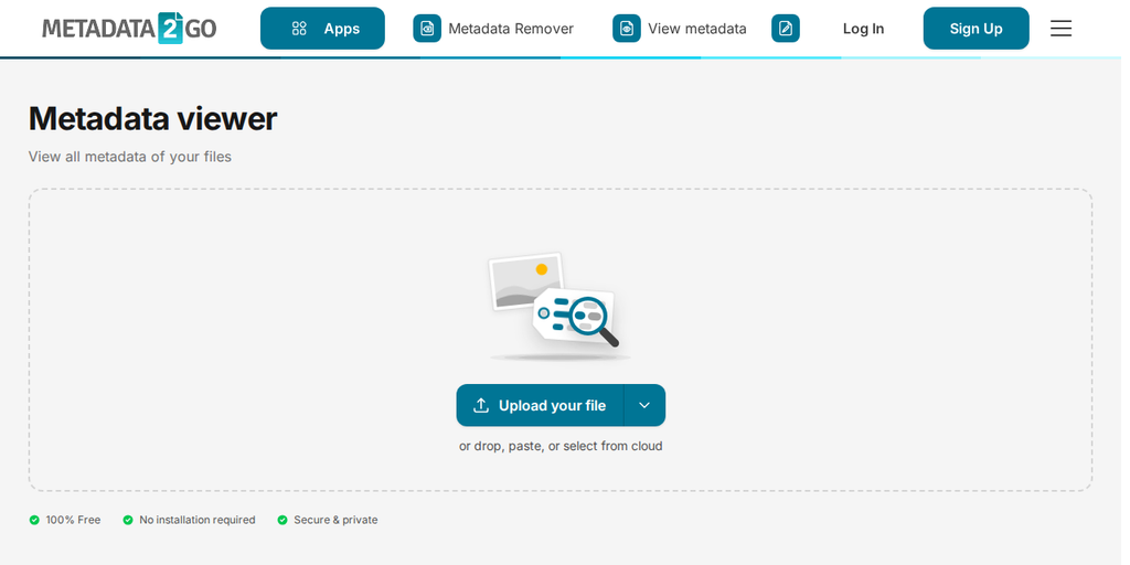 Halaman Lihat Metadata di Metadata2Go, menampilkan tombol "Upload your file"